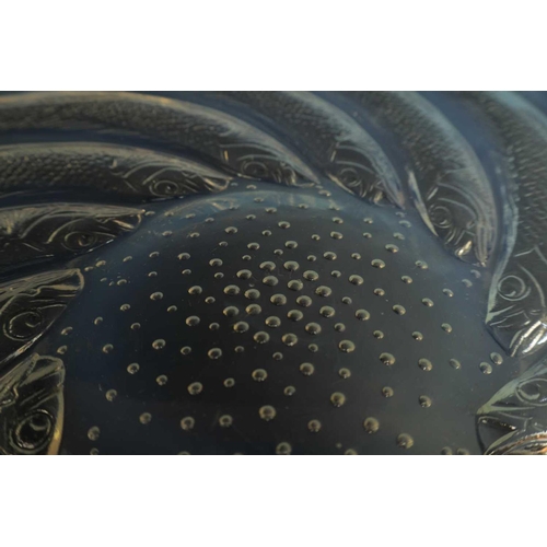15 - A FRENCH RENE LALIQUE ‘POISSONS’ OPALESCENT GLASS COUPE PLATE of dished form with swirling sardines ... 