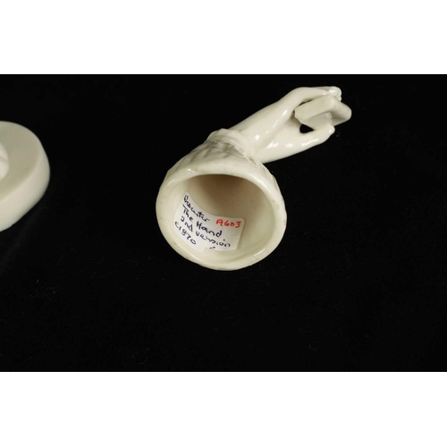 36 - TWO KERR & BINNS PORCELAIN CANDLE EXTINGUISHERS circa 1860 and 1870, The Hand and The Hand on Base (... 