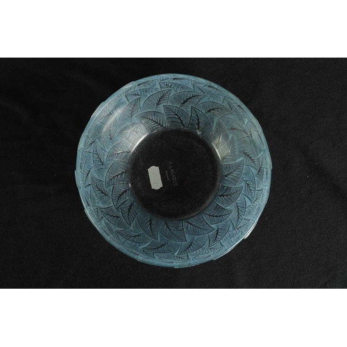 4 - R. LALIQUE, AN OPALESCENT AND BLUE STAINED ‘ORMEAUX’ GLASS BOWL wheel engraved signiature to centre ... 