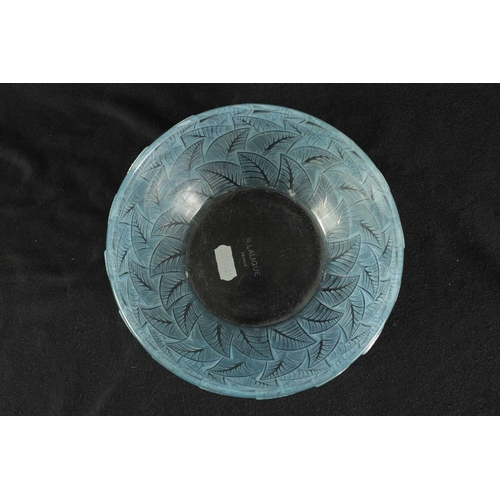 4 - R. LALIQUE, AN OPALESCENT AND BLUE STAINED ‘ORMEAUX’ GLASS BOWL wheel engraved signiature to centre ... 