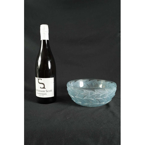 4 - R. LALIQUE, AN OPALESCENT AND BLUE STAINED ‘ORMEAUX’ GLASS BOWL wheel engraved signiature to centre ... 