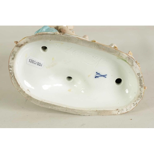 49 - A 19TH CENTURY MEISSEN FIGURE GROUP OF A BULL WITH A SEATED LADY RIDER AND A FLOWER SELLER finely mo... 