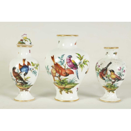 51 - A MATCHED GARNITURE OF THREE LATE 19TH CENTURY AUGUSTUS REX VASES with Meissen style decoration of e... 