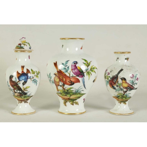 51 - A MATCHED GARNITURE OF THREE LATE 19TH CENTURY AUGUSTUS REX VASES with Meissen style decoration of e... 