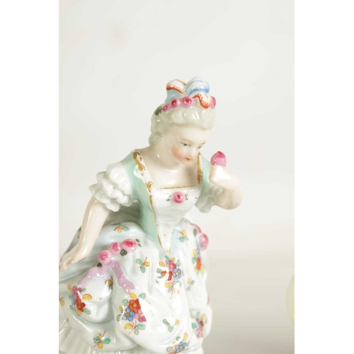 54 - A PAIR OF LATE 19TH CENTURY SITZENDORF PORCELAIN SEATED FIGURES depicting flower sellers dressed in ... 