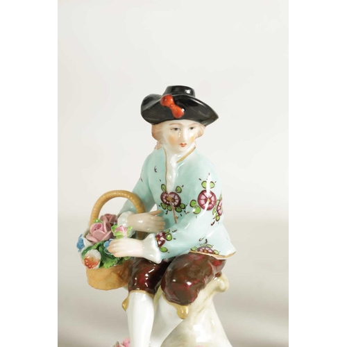 54 - A PAIR OF LATE 19TH CENTURY SITZENDORF PORCELAIN SEATED FIGURES depicting flower sellers dressed in ... 