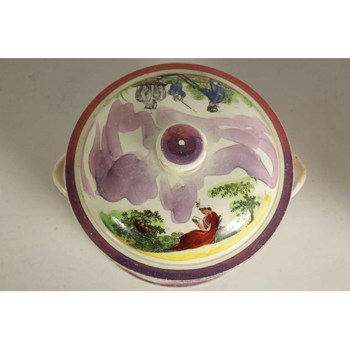 58 - AN EARLY 19TH-CENTURY DIXON & Co SUNDERLAND POTTERY LARGE TWO-HANDLED BUTTER TUB AND COVER with land... 
