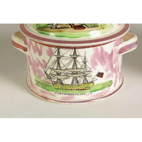 58 - AN EARLY 19TH-CENTURY DIXON & Co SUNDERLAND POTTERY LARGE TWO-HANDLED BUTTER TUB AND COVER with land... 