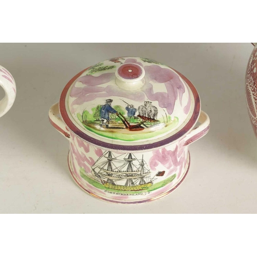 58 - AN EARLY 19TH-CENTURY DIXON & Co SUNDERLAND POTTERY LARGE TWO-HANDLED BUTTER TUB AND COVER with land... 