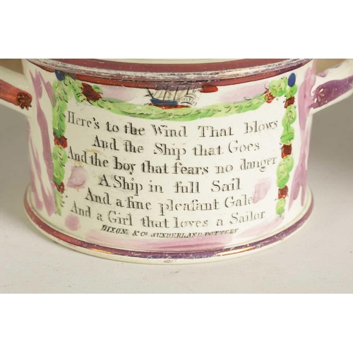 58 - AN EARLY 19TH-CENTURY DIXON & Co SUNDERLAND POTTERY LARGE TWO-HANDLED BUTTER TUB AND COVER with land... 