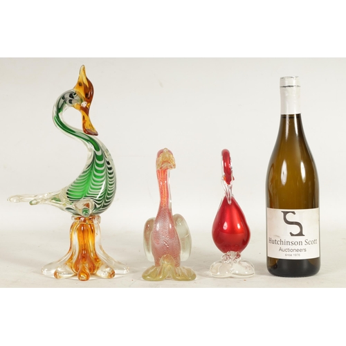 1 - A GROUP OF THREE MURANO COLOURED GLASS BIRD SCULPTURES (32cm high and smaller )