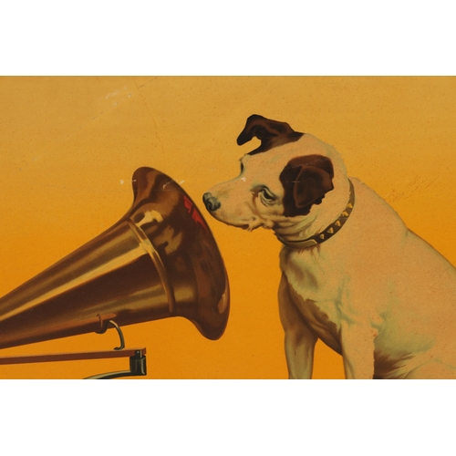 681 - A LARGE GRAMOPHONE ADVERTISING POSTER ON BOARD For 'HIS MASTERS VOICE' (79.5cm high, 102.5cm wide)