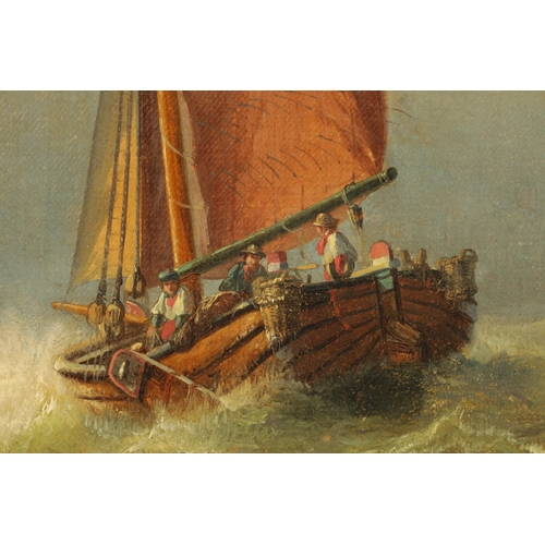 685 - A 19TH CENTURY ENGLISH SCHOOL SEASCAPE depicting fisher boats on a rough sea - unsigned, gilt moulde... 