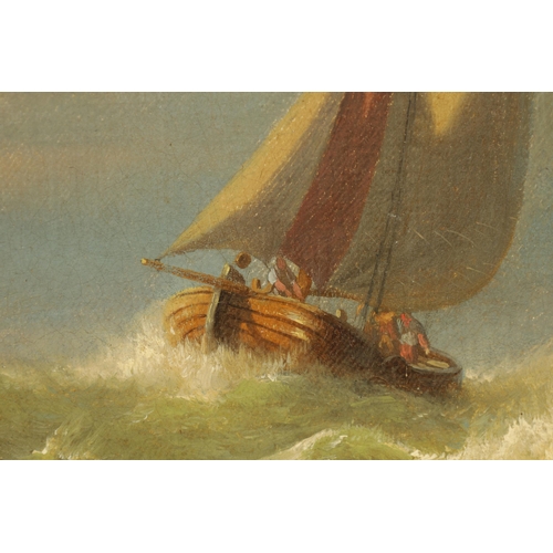 685 - A 19TH CENTURY ENGLISH SCHOOL SEASCAPE depicting fisher boats on a rough sea - unsigned, gilt moulde... 