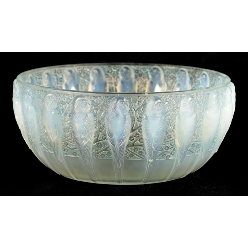 9 - A RENE LALIQUE OPALESCENT BLUE STAINED 'PERRUCHES' BOWL stencil mark 'R. LALIQUE, FRANCE'. (25cm dia... 