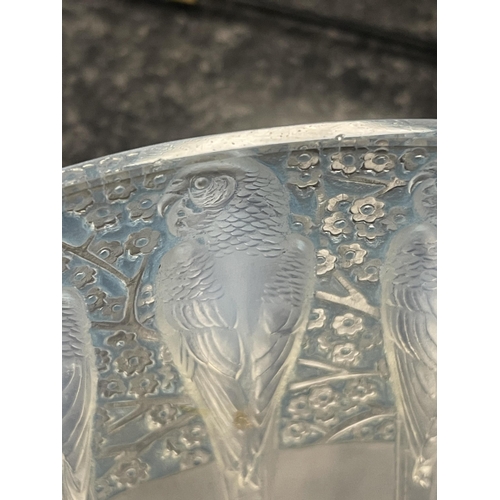 9 - A RENE LALIQUE OPALESCENT BLUE STAINED 'PERRUCHES' BOWL stencil mark 'R. LALIQUE, FRANCE'. (25cm dia... 