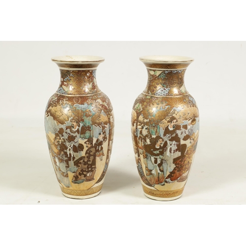 112 - A PAIR OF JAPANESE MEIJI PERIOD SATSUMA SHOULDERED TAPERING VASES richly gilt and decorated with cou... 