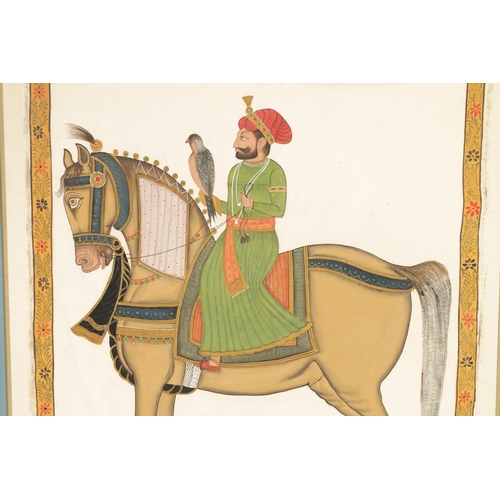 117 - A 19TH CENTURY INDIAN WARECOLOUR AND INK PAINTING ON SILK OF GURU GOBIND SINGH ON HORSE BACK holding... 