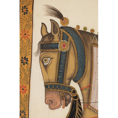 117 - A 19TH CENTURY INDIAN WARECOLOUR AND INK PAINTING ON SILK OF GURU GOBIND SINGH ON HORSE BACK holding... 