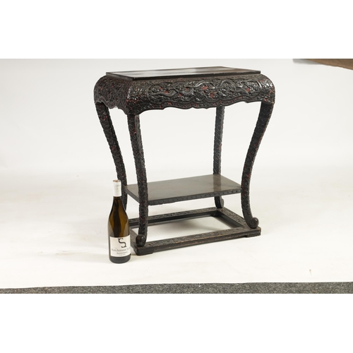 121 - A LATE 19TH CENTURY CHINESE RED GROUND AND BLACK LACQUERWORK CENTRE TABLE the plain top on a rounded... 