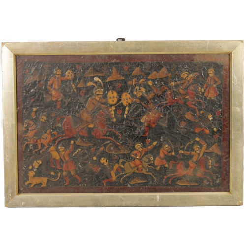 123 - AN 18TH/19TH CENTURY MONGOLIAN SCHOOL OIL ON CANVAS battle scene with warriors on horse back - glaze... 