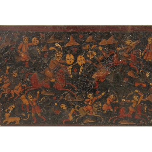 123 - AN 18TH/19TH CENTURY MONGOLIAN SCHOOL OIL ON CANVAS battle scene with warriors on horse back - glaze... 