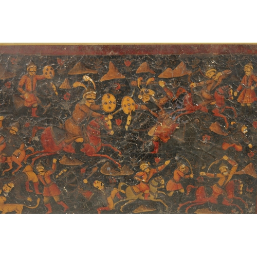 123 - AN 18TH/19TH CENTURY MONGOLIAN SCHOOL OIL ON CANVAS battle scene with warriors on horse back - glaze... 