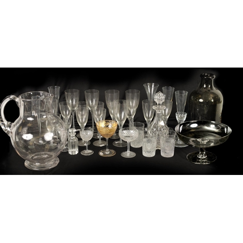 13 - A LARGE COLLECTION OF VARIOUS GLASSWARE including a massive 19th century ale jug, a pedestal tazza, ... 