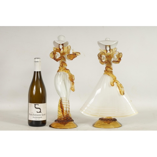 14 - TWO VINTAGE COLOURED MURANO GLASS SCULPTURES of female dancers on amber bases (40 and 39cm high )