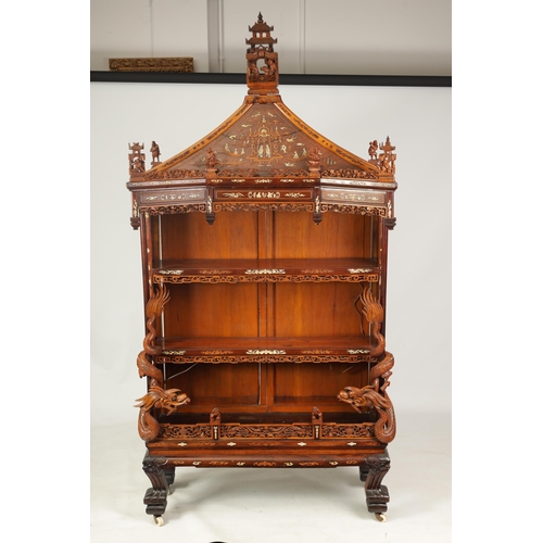 142 - A FINE 19TH CENTURY CHINESE HARDWOOD BOXWOOD AND IVORY SET OPEN DISPLAY CABINET the canopy top with ... 