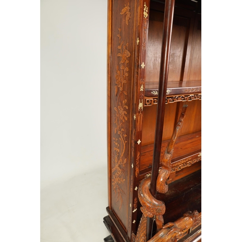 142 - A FINE 19TH CENTURY CHINESE HARDWOOD BOXWOOD AND IVORY SET OPEN DISPLAY CABINET the canopy top with ... 