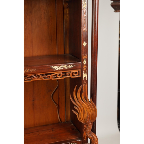 142 - A FINE 19TH CENTURY CHINESE HARDWOOD BOXWOOD AND IVORY SET OPEN DISPLAY CABINET the canopy top with ... 