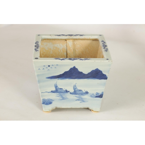 148 - A 19th CENTURY CHINESE BLUE AND WHITE SQUARE TAPERING JARDINIERE with all-round river landscape deco... 