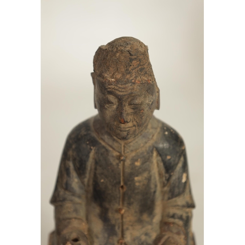 157 - A CHINESE MING PERIOD CARVED WOODEN FIGURE OF AN IMMORTAL with polychrome decoartion and Chinese scr... 