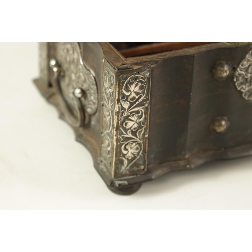 159 - AN 18TH CENTURY CEYLONESE CARVED EBONY AND SILVER METAL MOUNTED JEWELLERY BOX with leaf carved serpe... 