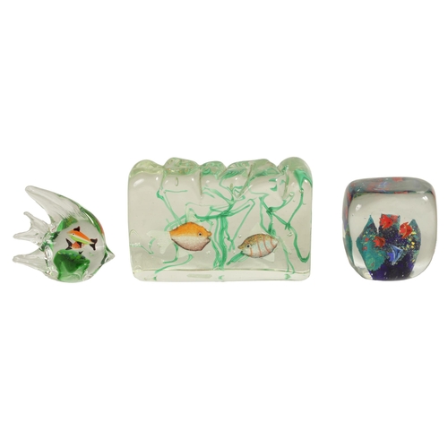 16 - THREE MURANO MOULDED GLASS AQUARIUMS with brightly coloured exotic fish amongst coral, (18cm, 10cm a... 