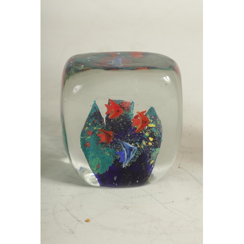 16 - THREE MURANO MOULDED GLASS AQUARIUMS with brightly coloured exotic fish amongst coral, (18cm, 10cm a... 