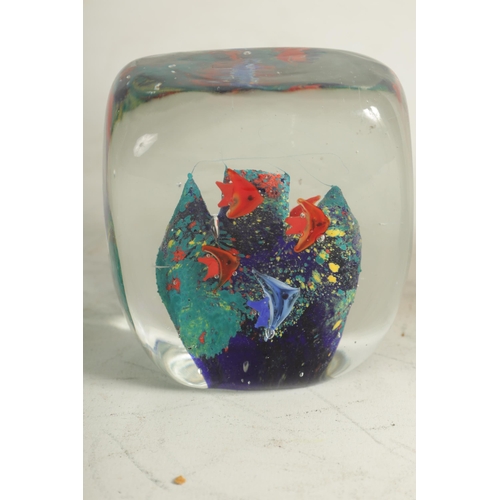 16 - THREE MURANO MOULDED GLASS AQUARIUMS with brightly coloured exotic fish amongst coral, (18cm, 10cm a... 