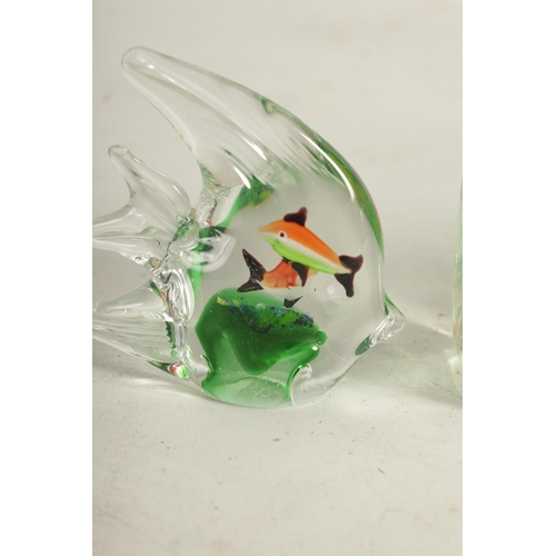 16 - THREE MURANO MOULDED GLASS AQUARIUMS with brightly coloured exotic fish amongst coral, (18cm, 10cm a... 