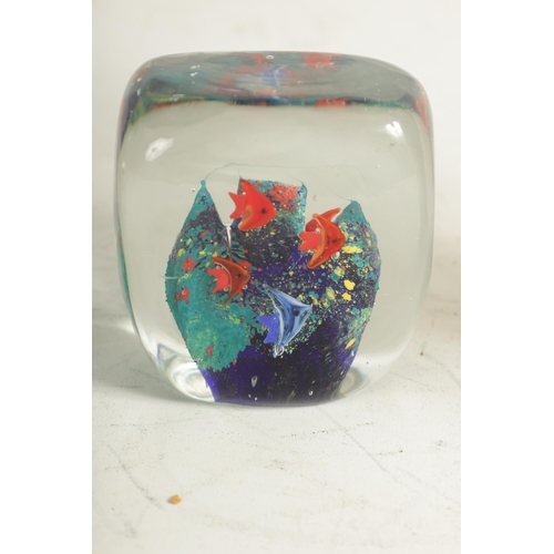 16 - THREE MURANO MOULDED GLASS AQUARIUMS with brightly coloured exotic fish amongst coral, (18cm, 10cm a... 