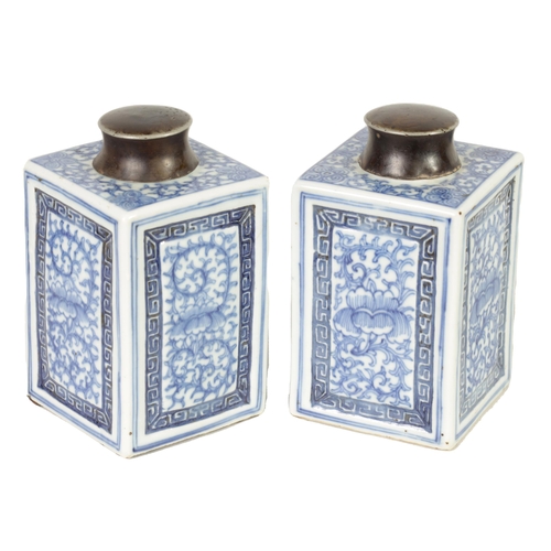 160 - A PAIR OF 19TH CENTURY CHINESE BLUE AND WHITE SQUARE TEA CADDIES WITH METAL COVERS with all-round fo... 