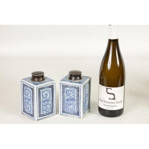 160 - A PAIR OF 19TH CENTURY CHINESE BLUE AND WHITE SQUARE TEA CADDIES WITH METAL COVERS with all-round fo... 