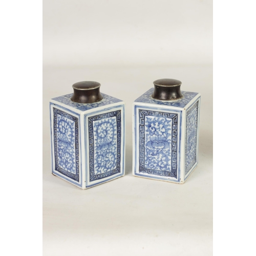 160 - A PAIR OF 19TH CENTURY CHINESE BLUE AND WHITE SQUARE TEA CADDIES WITH METAL COVERS with all-round fo... 