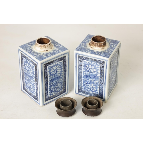 160 - A PAIR OF 19TH CENTURY CHINESE BLUE AND WHITE SQUARE TEA CADDIES WITH METAL COVERS with all-round fo... 