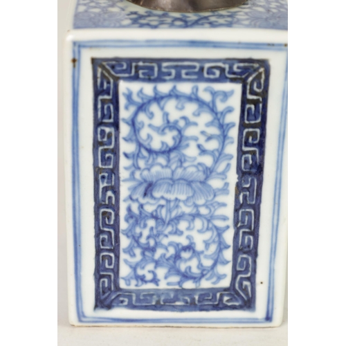 160 - A PAIR OF 19TH CENTURY CHINESE BLUE AND WHITE SQUARE TEA CADDIES WITH METAL COVERS with all-round fo... 