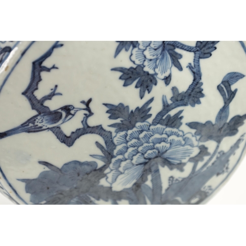 161 - A PAIR OF 19TH CENTURY CHINESE BLUE AND WHITE MOON FLASKS decorated with birds amongst flowering bra... 