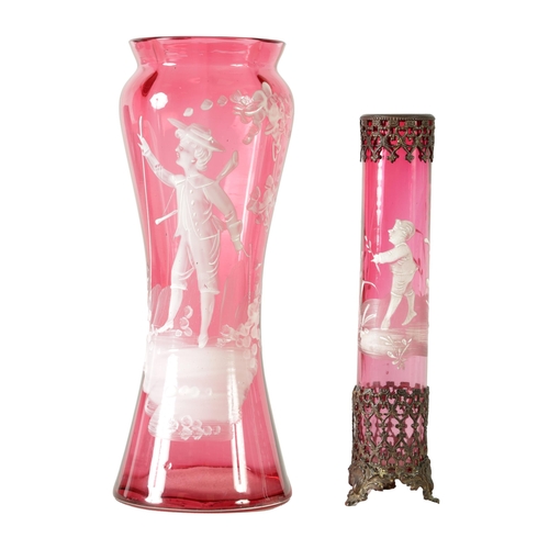 17 - TWO 19TH CENTURY MARY GREGORY STYLE CRANBERRY GLASS OVERLAY VASES both depicting a boy in garden set... 