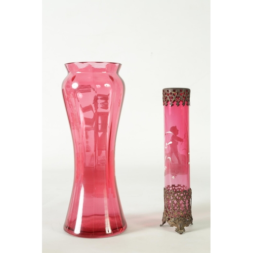 17 - TWO 19TH CENTURY MARY GREGORY STYLE CRANBERRY GLASS OVERLAY VASES both depicting a boy in garden set... 