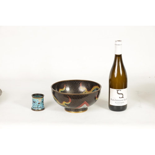 171 - A CHINESE CLOISONNE ENAMEL DRAGON BOWL decorated with five claw dragons amongst copper inlaid clouds... 