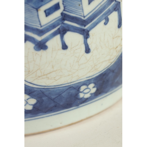 177 - AN EARLY CHINESE BLUE AND WHITE GINGER JAR WITH LATER HARDWOOD COVER of ovoid form, the body decorat... 